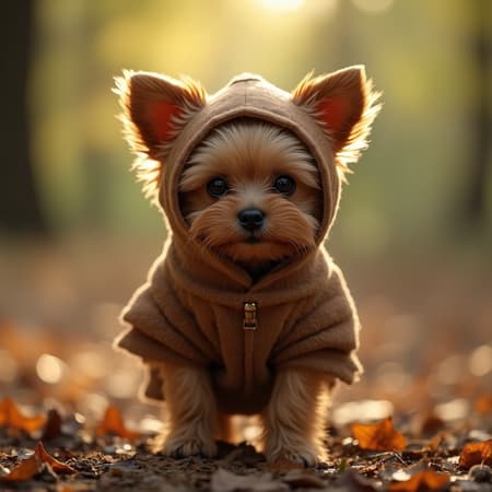 A teacup yorkie in an Ewok costume, captured in a hyper-realistic, detailed photograph with natural lighting, emphasizing every strand of fur and fabric texture, shot using a 65mm lens in 8k resolution. The setting is a sun-dappled forest floor, enhancing the woodland creature theme with a soft bokeh background, showcasing the yorkie's expressive eyes and playful stance, in a vertical 2:3 aspect ratio.