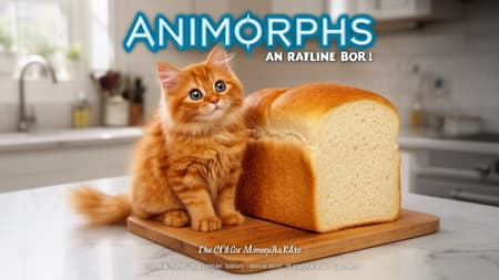 Cute Orange Kitten Morphing Into Bread animorphs book cover of a cute orange cat morphing into a loaf of bread on a kitchen counter, photoreal