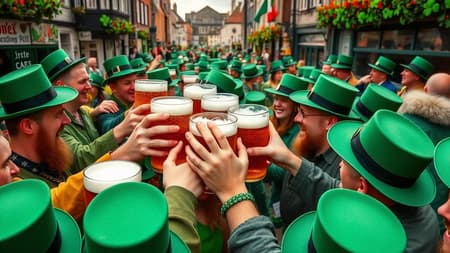 A lively St. Patrick's Day celebration unfolds with frothy pints of beer clinking in cheerful toasts, a sea of green top hats bobbing in rhythm with spirited Irish music, and vibrant shamrocks adorning the bustling streets. The scene captures the essence of camaraderie and joy, set against a backdrop of a charming Irish village, where the community gathers to embrace tradition and welcome the spring with open hearts.