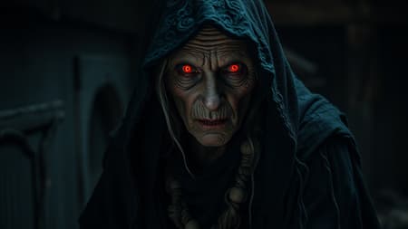 Sinister witchy crone in a shadowy ancient cabin, clad in a ragged, soot-black cloak, her weathered visage marked by fiery red eyes; adorned with arcane, dark talismans, emanating a demonic aura. Unholy, spine-chilling presence; steeped in horror and darkness, featuring elaborate, intricate designs and detailing. Dramatic, atmospheric lighting enhances a photorealistic, cinematic intensity, ultra-high definition in 8k.