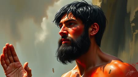 Adam as the primordial man with striking red skin and short black hair, depicted in a biblical and gospel-inspired scene. The artwork is a fusion of digital painting and traditional techniques including watercolor and oil, exuding a painterly quality. Influenced by the styles of Jeremy Lipking, Antonio J. Manzanedo, Alphonse Mucha, Fuller Graves, Bartolome Esteban Murillo, JC Leyendecker, Craig Mullins, and Peter Paul Rubens. The painting embraces high detail and photorealism, capturing the essence of concept art in an 8k resolution. It maintains a classic and official art style, trending on ArtStation for its detailed composition and CGSetivity, reflecting a fusion of historical and modern artistic elements.