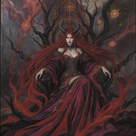Demon Princess, Classical Artwork demon princess, classical oil painting, fantasy theme, inspired by artstation trends, stylistic brush strokes, rich oil textures on canvas, in the style of kawacy and makoto shinkai, featuring subtle text elements, faint watermark details, suggested artist signature, implied copyright notation, evocative naming.