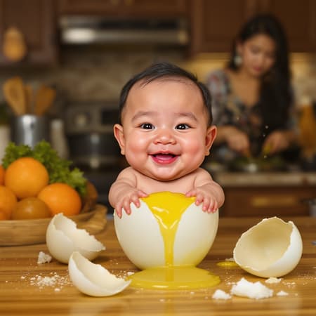 A highly detailed, realistic-caricature of a big-headed baby with the face of an Indonesian adult man, emerging joyfully from a freshly cracked open egg, his tiny hands gripping the jagged rim. The glossy yolk gleams beneath him, adding a vibrant splash of yellow. Surrounding this curious scene are several similar-sized broken eggshells scattered across a wooden kitchen countertop. In the background, a softly focused image reveals a woman, her expression serene and focused, busy cooking with various ingredients laid out on the kitchen island. The atmosphere is warmly lit, accentuating the glossy textures and vivid colors in an ultra HD, 5k resolution.