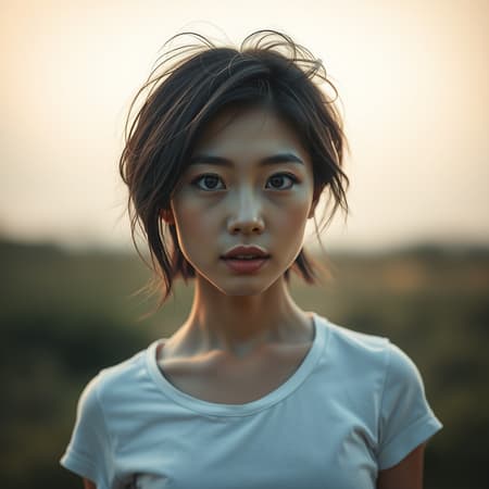 A detailed and realistic portrait of a Chinese woman with large expressive eyes and short tousled hair, taken outdoors. She's wearing a plain white t-shirt and looking directly at the camera with slightly chapped lips. The image features soft, natural lighting, embodying a magical and dramatic atmosphere with a photorealistic, ultra-detailed touch. The composition is intimate, captured with a Leica 50mm lens at f1.4, showcasing her busty figure. The scene conveys a sense of vulnerability and strength, reflecting an artistic blend of realism and subtle enchantment. A detailed and realistic portrait of a Chinese woman with large expressive eyes and short tousled hair, taken outdoors. She's wearing a plain white t-shirt and looking directly at the camera with slightly chapped lips. The image features soft, natural lighting, embodying a magical and dramatic atmosphere with a photorealistic, ultra-detailed touch. The composition is intimate, captured with a Leica 50mm lens at f1.4, showcasing her busty figure. The scene conveys a sense of vulnerability and strength, reflecting an artistic blend of realism and subtle enchantment.