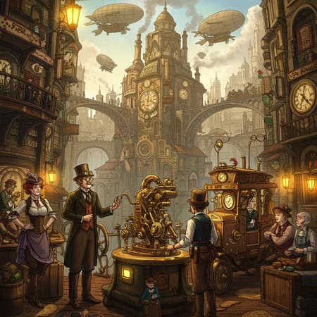 Steampunk-inspired world, vibrant and dynamic, featuring intricate machinery and gears, adorned with high saturation and rich, vivid colors that bring every element to life.