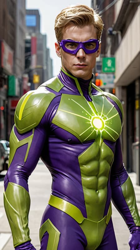 Super-hero, psionic, telepath. A very cerebral hero with mind powers, studious and collegiate. Masculine caucasian male, tall, lanky, lithe but sinewy and well defined. Short blonde hair, straight fade hairstyle short on sides and back, longer on top. Blue eyes, but usually hidden behind a pair of chartreuse green color goggles. Smooth hairless face, clean shaven. One-piece full spandex outfit/uniform; the top part is eggplant-purple color across the shoulders and down the torso. It goes all the way up his head, but the face and eyes are exposed, as well as his hair. There is a thin chartreuse green stripe down each shoulder and side of his torso, joining into a pair of bright chartreuse green gloves that start at his hands and go all the way to the top of his biceps. His chartreuse green thigh-high boots meet the stripes on the sides of his torso--- everything blends seamlessly to look like a solid piece uniform. There is a stylized chartreuse graphic jagged line across his chest, meant to resemble a moving brainwave. 

There is a bright yellow-green starburst glow coming from his head, this is his brainpower at work. He has telepathy, telekinetics, as well as other mind powers. He can use his telekinesis to fly for short distances. Full body pose, flying through the streets. His solar goggles and head are bright with yellow-green light, brain waves sparking around his head. 