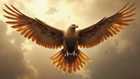 Majestic brass-feathered eagle with intricate gears and cogs subtly ticking within its wings, steam hissing softly as it soars through a sepia-toned sky; its eyes glowing with a soft amber light, telescopic vision focusing on distant targets, and talons made of polished copper, ready to grasp any opportunity amidst the clouds.