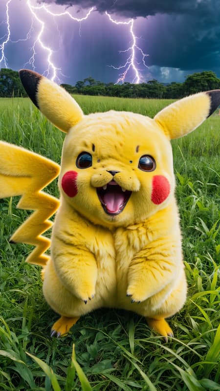 high quality art , taken with a professional grade camera with exquisite color grading , full body , massive pikachu , happy face ,mouth , tongue , fangs , pokemon , grass around , real , photoreal , strong legs and hands , fluffy , 35mm , lightnings and thunder around , (tries to hug:1.2) , large claws on hands, electric aura around