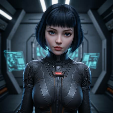 Portrait, with expressive and deep eyes, a stunning face, and a naive, innocent expression, featuring a beautifully slender young girl with a chic haircut and unique hair color, dressed in a form-fitting jumpsuit made of advanced science fiction material, adorned with futuristic elements, set against a backdrop of a sci-fi room, exhibiting ultra-high resolution and photorealistic qualities akin to hyperrealistic techniques, using dramatic, Rembrandt-style lighting to enhance her captivating appearance.