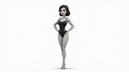 A 3D illustration of a woman wearing a leotard set against a plain white backdrop. The artwork presents a mix of sketch and cartoon styles, akin to AshleyCipher's unique approach. The woman appears in a duplicated and slightly deformed form, giving a playful animated effect. Her makeup is exaggerated, contributing to a more whimsical, child-like appearance. Some details like limbs are creatively missing to enhance the abstract, artistic nature of the piece. The overall tone is light-hearted and animated, with a focus on expressive, imaginative rendering.