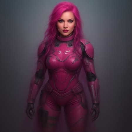A stunningly attractive cyborg woman is depicted in a full-body frame, adorned in pink combat armor with a cyberpunk flair. Her vivid pink hair complements the futuristic high-tech style, with subtle hints of alluring lingerie peeking through. She exudes a playful and captivating aura, her engaging gaze meeting the viewer's eye. The portrait showcases her with photo-realistic detail, exhibiting intricately detailed skin that enhances her hyperrealistic appearance. Captured with diffused soft lighting and a shallow depth of field, the scene is sharp and rich in color, achieving a cinematic quality reminiscent of CGI. The background and surrounding elements are intentionally blurred to keep the focus solely on her, ensuring no distracting elements such as low resolution or digital imperfections detract from the image's allure. Avoiding any unnatural distortions, all features are proportionate and seamlessly integrated, offering a flawless representation. A stunningly attractive cyborg woman is depicted in a full-body frame, adorned in pink combat armor with a cyberpunk flair. Her vivid pink hair complements the futuristic high-tech style, with subtle hints of alluring lingerie peeking through. She exudes a playful and captivating aura, her engaging gaze meeting the viewer's eye. The portrait showcases her with photo-realistic detail, exhibiting intricately detailed skin that enhances her hyperrealistic appearance. Captured with diffused soft lighting and a shallow depth of field, the scene is sharp and rich in color, achieving a cinematic quality reminiscent of CGI. The background and surrounding elements are intentionally blurred to keep the focus solely on her, ensuring no distracting elements such as low resolution or digital imperfections detract from the image's allure. Avoiding any unnatural distortions, all features are proportionate and seamlessly integrated, offering a flawless representation.