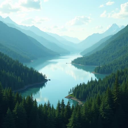 Forest-covered hills seamlessly blend into the serene expanse of a shimmering lake, embodying a masterpiece of nature in high quality and extreme detail. Inspired by Mark Lague's art style, this concept art is captured as an 8k UHD CG Unity landscape wallpaper. It combines the textured depth of a DSLR shot with the subtle allure of film grain. The scene, magnificent in its rich colors and storytelling, is portrayed with maximum detail, yet intriguingly balanced with elements of raw, comic-like simplicity.