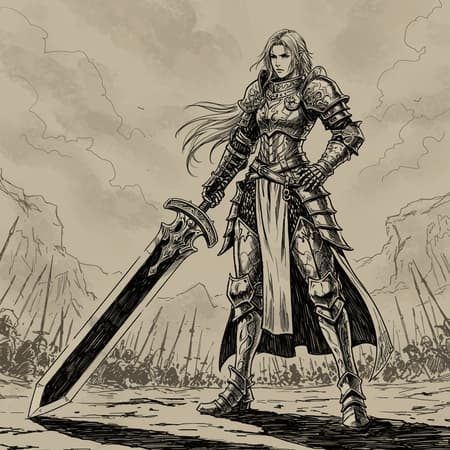 A powerful female warrior stands poised with an imposing greatsword, rendered in an intricate, Final Fantasy-inspired ink style. The scene is bathed in dramatic lighting that casts dynamic shadows, highlighting her fierce determination. The wide-angle perspective captures the full grandeur of her stance, accentuating the swirling folds of her armor and the elaborate details of her weapon. The setting is an epic landscape, blending fantasy elements with a sense of timeless battle, presented in stunning 4k resolution, emphasizing the warrior’s commanding presence amidst the vastness.