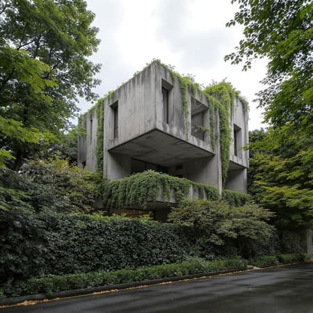 A contemporary, brutalist-style residential building surrounded by vibrant greenery. The structure showcases raw, exposed concrete with expansive, rectangular, cantilevered slabs. Each concrete segment features precise, clean lines and varying depths, emphasizing a dynamic sense of form. The design seamlessly incorporates plants, with foliage cascading over the concrete edges, merging nature with the stark, industrial style. Captured with a full-frame DSLR or mirrorless camera using a wide-angle lens, the image includes the entire breadth of the structure and its lush environment while preserving depth and scale. The lens is set to a small aperture for a deep depth of field, ensuring sharp focus throughout the building and foreground greenery. The composition is symmetrical, with the building centrally positioned in the frame, horizontally aligned in the image's middle. Rich greenery occupies the lower portion, while an overcast sky fills the top, creating a balanced, layered visual. The lighting is soft and diffused due to the cloudy conditions, removing harsh shadows and highlighting the concrete's texture while maintaining a moody feel. The slightly wet pavement in the foreground subtly reflects light, adding texture and grounding the scene.