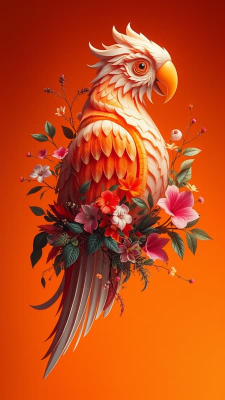A futuristic abstract 3D shape resembling a parrot, intricately entwined with vibrant foliage and delicate flowers, softly emanating a warm, ethereal glow against a rich, orange background. A futuristic abstract 3D shape resembling a parrot, intricately entwined with vibrant foliage and delicate flowers, softly emanating a warm, ethereal glow against a rich, orange background.