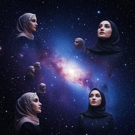 Awe-inspiring scene of Muslim hijabi women adorned with shimmering diamonds, floating gracefully amidst the stars in a hyper-realistic cosmic expanse, their radiant faces reflecting the ethereal glow of distant galaxies, as the deep blue and purple hues of the universe envelop them, creating a sense of serene elegance and celestial beauty. Awe-inspiring scene of Muslim hijabi women adorned with shimmering diamonds, floating gracefully amidst the stars in a hyper-realistic cosmic expanse, their radiant faces reflecting the ethereal glow of distant galaxies, as the deep blue and purple hues of the universe envelop them, creating a sense of serene elegance and celestial beauty.
