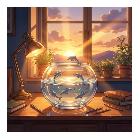 Anime style, cozy, warm aesthetic. A large, clear glass bowl with water and small jumping dolphins on a wooden desk, bathed in golden hour sunlight. The bowl is the central focus. In the background, a large window reveals a serene sunset with a bright sun, soft clouds, and distant mountains. Potted plants flank the window. To the left, an old-fashioned desk lamp. The desk itself is polished wood, holding books, pens, and pencils. The lighting is soft and warm, creating a peaceful and nostalgic mood. Golden and amber hues dominate, with splashes of blue and green from the water and plants. Detailed reflections and refractions in the glass and water.