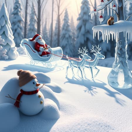 A 3D render of a photorealistic image in Disney Pixar style, depicting a magical snowy forest crafted entirely from ice. Enchanting ice sculptures of Santa Claus aboard an intricately carved ice sleigh, led by a team of elegant ice reindeer, glide through the frosty landscape. Nearby, a whimsical ice snowman adds a touch of humor, while an inquisitive squirrel perches on an icicle-laden Christmas tree. The ice figures boast intricate details and perfect forms, creating a stunning visual spectacle. Soft light dances across the snow, casting playful, shifting shadows from the sculptures onto the gleaming surface. The atmosphere is serene and idyllic, possessing a mystical and fabulous quality, perfectly embodying a holiday wonderland where everything is sculpted from ice.