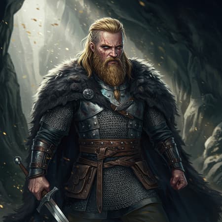 Viking male warrior, fierce and rugged, with flowing long blonde hair and a thick beard; pale skin that tells tales of battles, striking blue eyes, and symmetrical features. His face combines bulk and narrow features, creating a hauntingly handsome and angelic visage. Battle-scarred, he wears grey chainmail and lamellar armor, adorned with an elegant black animal fur cloak. The scene is illuminated with dramatic lighting, sun rays, and god rays piercing through a shadowy cave, enhancing the dark and dramatic fantasy atmosphere. With a dynamic pose capturing movement, the full-body depiction emphasizes realism with fine details and soft illumination. The composition incorporates depth of field and blur for a photorealistic, cinematic effect, at 8k hyperdetailed resolution, evoking a D&D adventure.