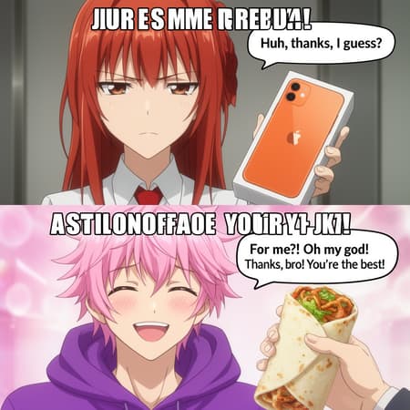 Anime Meme: Skeptical Girl, Happy Boy Anime style meme, two panels, split horizontally.
Top panel: Close-up of a redhead anime girl, Kurisu Makise from Steins;Gate, with a skeptical expression, wearing a white shirt and red tie. A hand holds up an orange iPhone 11 Pro in its box next to her face. Text bubble: "Huh, thanks, I guess?". Soft lighting, neutral mood. Colors are muted greys, browns, and white, with the bright orange phone as a focal point.
Bottom panel: Close-up of Astolfo from Fate/Apocrypha, with pink hair, wearing a purple hoodie, looking overjoyed with rosy cheeks and a wide smile. A hand holds out a shawarma wrap next to him. Text bubble: "For me?! Oh my god! Thanks, bro! You're the best!". Bright, cheerful lighting, happy mood. Vibrant pinks, purples, and the warm tones of the shawarma. Both panels include meme text above them.