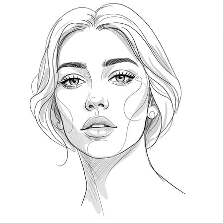 A delicate sketch of a woman's face with expressive and flowing line-work, capturing the essence of a beautiful portrait; the lines intertwine gracefully, emphasizing her serene expression and captivating gaze, adorned with subtle whimsical flourishes that add a touch of elegance and mystery, maintaining the original balance yet evoking a sense of timeless beauty, elongated proportions reflecting harmonious sophistication.