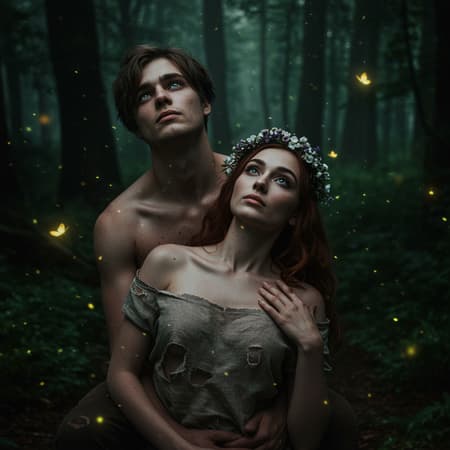 Romantic couple portrait in tattered clothing, a masterpiece of high quality with the duo as the sole focus, capturing their entire bodies from a high vantage point. The composition presents intricate body details with the subjects looking slightly upwards, their navels modestly covered. Their extremely detailed eyes and faces exhibit a piercing gaze, characterized by large, expressive eyes. The background features a dense forest, alive with the gentle presence of butterflies and the soft glow of fireflies. Captured with a Nikon d850 on Kodak Portra 400, using an f1.6 lens, the image displays rich, vivid colors and a hyperrealistic texture, with dramatic, unreal engine-like lighting that is trending on Artstation, adding an enchanting atmosphere to the scene.