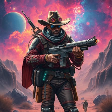 Generated Space Cowboy Space cowboy journeying through a futuristic western landscape, adorned in intricate space bounty hunter attire complete with a plasma revolver and cybernetic enhancements, wielding high-tech gadgets against the backdrop of vividly colored cosmic frontier. This sci-fi western mashup combines elements of steampunk and cyberpunk, set against breathtaking nebulas. The scene is expertly illustrated with detailed textures and glowing elements, showcasing a dynamic composition and epic atmosphere. Crossing genres with a captivating space opera vibe, rendered in ultra-realistic 4k, in the style of Neo-Noir, this vision is both timeless and cutting-edge.