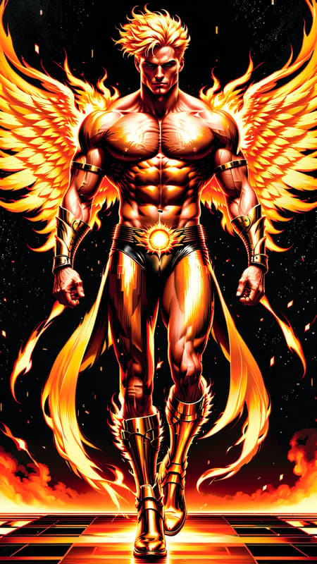 Sun Angel, cosmic being. An aura of yellow flames, shines like the sun, flying through space. Hypermasculine male. Tall, muscular, fit, sinewy, broad chest, wide back, narrow waist, strong legs, powerful arms, bodybuilder shape. Flaming yellow-gold skin, eyes that shine like gold stars. Strong brow and jaw, handsome. Very short flaming blonde hair, cut close on sides and back, spiky flames on top of head. Angel wings of yellow fire and flames. Metallic gold shoulder pads with glowing yellow glyphs; a belt with the same type of glyphs and a yellow topaz jewel in the center around his waist. Metallic gold bracers on his arms. Naked, aside from his jockstrap. Metallic gold jockstrap sheathing a large phallus. Knee-high metallic gold boots with glowing yellow glyphs. He flies around the sun. Full body pose. 