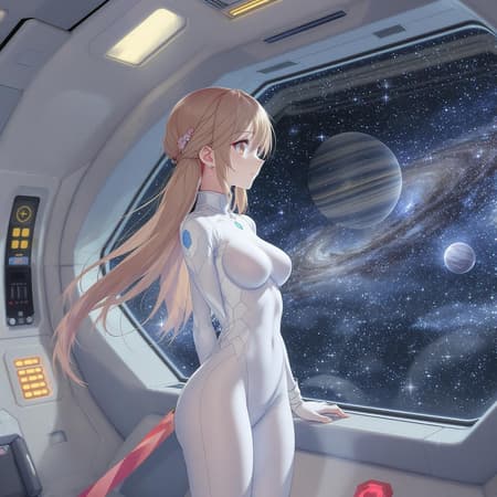 Anime-style digital artwork of a girl in a sleek, form-fitting white jumpsuit gazing out the window of a spacecraft. The scene captures the futuristic ambiance of the spaceship interior with a sense of wonder. The girl's expression reflects contemplation as she admires the view. The art is infused with vibrant colors and precise details, focusing on a clean, polished aesthetic. Despite the low resolution, the artwork maintains clarity, avoiding any distortions or anomalies. The overall composition is carefully balanced, with attention to anatomy, proportion, and visual appeal, presenting a harmonious blend of creativity and technique.