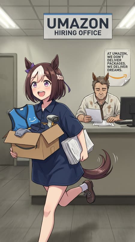 Hello! I want to create a series of pictures with a common world of Umazon - crossover between harsh corporative world of our Amazon and the world of Umamusume!

So... Let's start. Style for all images is that of Anime in real life - i.e. anime characters but in quite realistic environments. 

The Umazon hiring office smells like toner, desperation, and the faint mildew of rain-soaked cardboard. Fluorescent lights buzz overhead, casting everything in sickly yellow.

Special Week bounces on her heels at the counter, unable to contain herself. Her tail wags so hard it keeps knocking a pen cup off the desk—the recruiter has stopped picking it up. Her eyes are enormous, sparkling with unironic genuine joy as she hugs a cardboard box containing her brand-new navy blue vest with the Umazon smile logo, three size-too-large polo shirts, and a battered barcode scanner that's been used since 2019 but "still works if you hit it twice."

Spread before her on the counter: a stack of papers 12 centimeters thick. Non-disclosure agreements. Arbitration waivers. Drug testing consent forms. Intellectual property assignments. A clause about "voluntary participation in efficiency optimization studies." Another about "flexible scheduling meaning literally any hour we want." A third where she agrees her soul now belongs to Umazon in perpetuity.

She signs each one without reading, humming the Umazon jingle under her breath. The pen is running out of ink. She doesn't notice.

"Just need your initial here, here, and here confirming you understand that breaks are a privilege not a right," the recruiter drones, pointing with a finger stained by cheap coffee. He's a horse-eared man in his forties, shirt untucked, eyes carrying the particular exhaustion of someone who has processed 400 identical hopeful faces. His own KPI board behind the desk shows he's falling behind this month.

Special Week finishes with a flourish. "Done! Where do I start? Can I start now? I already memorized the pick-and-pack manual! Section 4, paragraph 2: 'The customer's smile begins with correct box size selection!'"

The recruiter stares at her for three full seconds. He's seen this before. The bright ones burn fastest. He reaches under the desk, hands her a temporary badge with her photo already printed—they took it during the security check an hour ago.

"Report to Dock 7, Shift C. Trainer's name is ███████. Don't be late." He pauses, then adds flatly, "Welcome to the Umazon family."

She bows so enthusiastically she almost headbutts the counter and practically skips toward the warehouse entrance.

The recruiter watches her go, already reaching for the next folder. He mutters under his breath, barely audible:

"Hope you have the guts to make it through training."

Behind him, a motivational poster on the wall reads: "AT UMAZON, WE DON'T DELIVER PACKAGES. WE DELIVER DREAMS." The smile logo is slightly crooked where someone tried to pry it off.

Can you make a one picture from all this story? A final one, where she is running away happily carrying all things