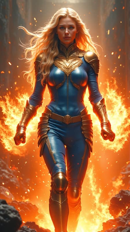 Female superhero, fire based character. Caucasian female, tall, slender, athletic build, modelesque. Long golden blond hair, layered tresses. Ethereal beauty, liquid amber eyes, long lashes. Red lips. Her costume is a form-fitting bodysuit that covers her from neck to feet; it is a shimmering azure blue with metallic flecks on the surface, gold strips up the sides of the legs, ribs and arms. Metallic gold thigh high boots that blend into the legs of her bodysuit. A shiny metallic gold falcon symbol on the front of her chest, the wings flare out from her shoulders. There is a falcon shaped circlet/headdress around the front of her head, with stylized metallic wings that flare from the sides, her long wild hair flows and falls over and around it. A short fire-red cape is shaped like a pair of wings and is attached to her arms, they flare out to create glider wings. She can create and project flames of all shapes and sizes, burning bright intensity. She can fly, her winglike cape extends from her arms and blows in the wind. There is a flamelike aura surrounding her when her powers are in use. Full body pose, flying through the city and burning bright. 