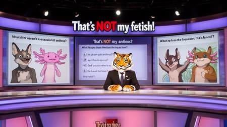 Photo of a TV game show about furries and their weird kinks named "That's NOT my fetish!" featuring suggestive quiz questions and furry artwork from DeviantART. Host of the show is an anthropomorphic tiger man wearing suit. Theme of the question: axolotl anthros.