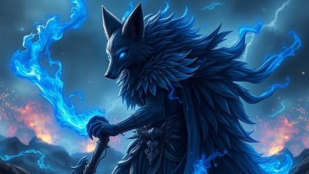 A majestic dark fox exuding vibrant dark blue flames of energy stands poised on the battlefield, transformed into a sorcerer humanoid male prince of darkness. The scene is engulfed in blue infernal flames and vivid sparks dance in the background, capturing the essence of an apocalypse. This colorful and intricate digital illustration showcases an elegant and hyper-detailed warrior amidst a scenic thunderstorm, rendered in breathtaking 8K resolution.