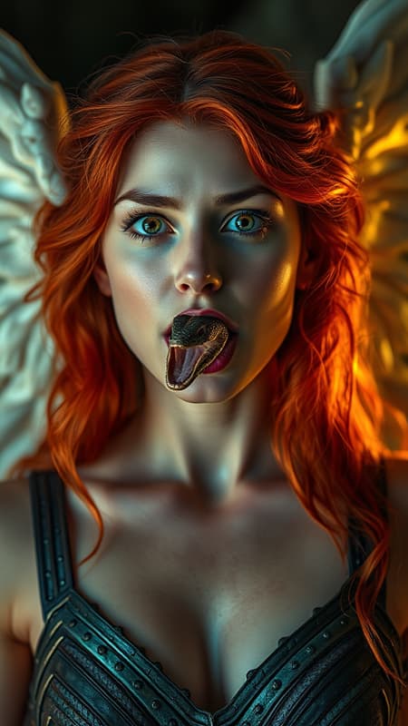 A celestial warrior goddess with an angelic visage and fiery red hair stands with an open mouth through which a mystical serpent emerges. Her wide, expressive eyes are captured in a full-body portrait, highlighting her clear, smooth skin. The scene conveys a magical atmosphere with dramatic lighting, showcasing photorealistic details. The composition is an intimate, cinematic portrait with a seamless blend of realism and fantasy.