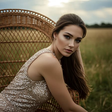 Hdr Photograph HDR photograph of a stunning woman with long, dark-brunette hair and light-blue eyes, possessing a fair complexion and full lips. Her hair is elegantly pulled back into a ponytail. She wears a sleeveless sequin gown and is seated in a wicker chair, leaning gently to one side. The setting is an expansive field, with a partly cloudy sky allowing sunbeams to peer through, creating divine light effects. The image captures high dynamic range with vivid, rich details, showcasing realistic and intense contrast. The overall atmosphere is vibrant with clear shadows and highlights, preserving the essence of a highly detailed and realistic depiction.