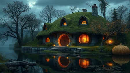Exquisitely crafted hyperrealistic hobbit lakeside abode, featuring intricate details, digital painting style, popular in art circles, conceptual artwork, illustrated with cinematic illumination and vivid hues, photorealistic and epic in scope, rendered in octane, 8k resolution, UHD, HDR; emphasizes uniqueness and detail, avoiding duplications or distortions, ensuring natural proportions and clarity; clear, cohesive, and high-resolution imagery, free from visual distractions like watermarks or logos, presenting a seamless and immersive experience.