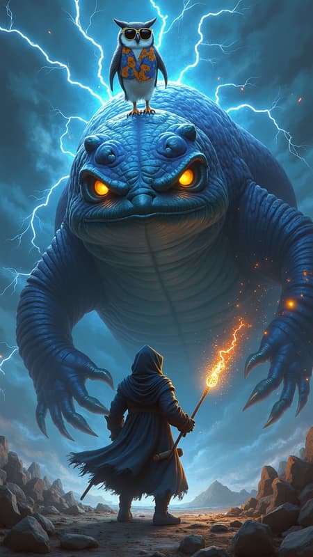 A dramatic, stylized fantasy scene of a lone small, robed, hooded warrior with glowing yellow eyes beneath the shadow, facing a colossal axolotl-inspired beast. The massive creature has smooth, glistening amphibian skin and large flowing external gills, its enormous body charged with crackling lightning instead of fire. Bright arcs of electricity surge across its form, glowing in vivid blues, purples, and whites, dramatically illuminating the stormy environment. Perched confidently atop the beast's head is a playful penguin wearing cool sunglasses and a vibrant Hawaiian shirt, adding whimsical humor to the intense confrontation.

In the foreground, the warrior stands defiantly with back turned toward the viewer, cloaked and hooded, gripping a long, energy-charged staff crackling with power in one hand, while a wise owl perches calmly on their other arm, its feathers subtly glowing from the electric light. The sky roils with dark storm clouds, explosive electric bursts, and swirling flying sparks, heightening motion and epic tension.

Painterly art style with bold, expressive brush strokes reminiscent of Frank Frazetta and Zdzisław Beksiński, dramatic high-contrast lighting from lightning flashes, wide cinematic composition emphasizing scale, and a masterful blend of epic fantasy and surreal humor.