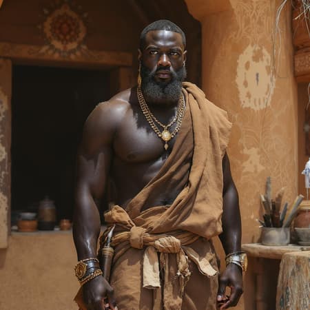 Black Man in weathered, rustic garments, wide-angle perspective, strong physique, strikingly handsome, intricate background, lifelike representation, detailed facial features, rich natural hues, photorealistic style, ultra-high definition, sharp lighting, gaining traction on social media, reminiscent of art by Artgerm, Greg Rutkowski, Alphonse Mucha, Loish, and WLOP, embodying a balance of strength and elegance.