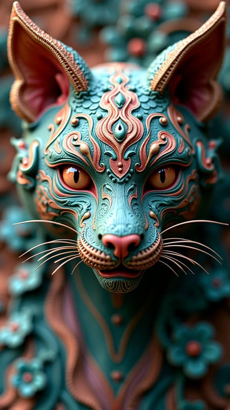 Exquisitely Ornate Colorful Art Exquisitely ornate and vividly colorful 3D sculpture of a feline visage, intricately detailed with twisting verdant leaves and delicate, flowing lines, embodying an abstract psychedelic essence; captures an enchanting close-up reminiscent of an 8k artstation masterpiece.