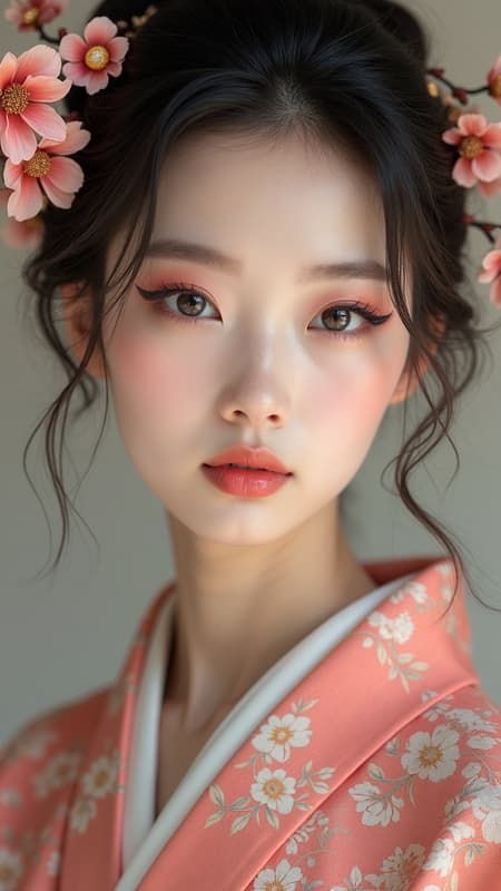 Graceful Japanese woman, porcelain skin, radiant and ethereal beauty, deep monolid eyes with a mesmerizing gaze, intricate eyeliner enhancing her charm, delicately arched eyebrows reflect tender emotions, lips gently tinted in soft hues, dressed in luxurious silk kimonos adorned with exquisite cherry blossom ornaments enriching her enchanting appearance, BadNegAnatomyV1-neg, easynegative, FastNegativeV2, ng_deepnegative_v1_75t, rmadanegative402_sd15-neg, verybadimagenegative_v1.3, bad artist -neg.