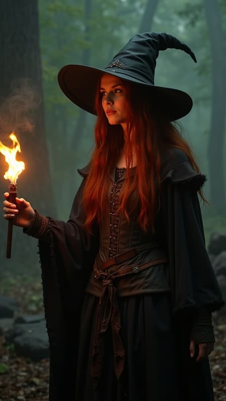 Photorealistic image of a female witch, red hair, wearing a dark witch hat and medieval-style leather and fabric clothing, holding a flaming molotov cocktail in her right hand, arm outstretched as if about to throw. Her left arm is also outstretched, palm open. She is looking intently towards the left. The background is a dark, misty forest with hints of trees and ruins. The lighting is dramatic, with the fire from the molotov cocktail illuminating her right side and hair, casting warm orange tones. The atmosphere is intense and mysterious, with glowing embers and smoke filling the air. Dark, muted forest greens and browns dominate the background, contrasting with the bright orange and yellow flames. Studio lighting, cinematic shot.
