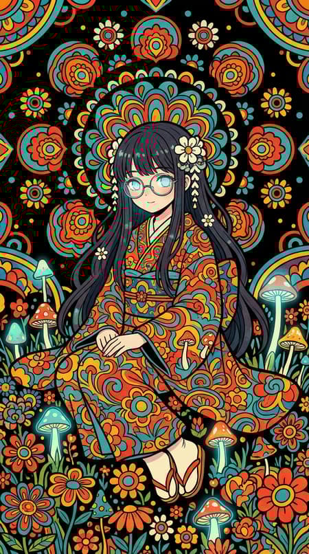 Anime Girl In Psychedelic Floral Kimono Anime girl with long dark hair and glasses, wearing a highly ornate, colorful floral kimono, sitting amidst a vibrant field of patterned flowers and mushrooms. The background is black, filled with abstract, concentric floral patterns in bright red, orange, yellow, teal, and blue. The art style is a blend of anime and psychedelic folk art, with bold outlines and a flat, graphic quality. The mood is whimsical and vibrant. Rich, saturated colors dominate, creating a fantastical atmosphere. Notable details include a hair ornament of white flowers, glowing light blue eyes, and a slightly grainy texture. Full body shot, vertical composition.