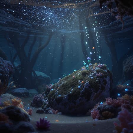Intricately detailed 3D render in 8k featuring a mesmerizing sea under a starry night sky, with a moss-covered low poly rock. The scene is illuminated with warm, cozy indoor lighting, creating a cinematic atmosphere. The character design draws inspiration from the unique styles of Mark Ryden, Pixar, and Hayao Miyazaki. A close-up view captures the cinematic lighting and abundant fine details, evoking a dreamcore aesthetic. This piece is trending on ArtStation, rendered in hyper-realistic 4k quality with extreme attention to detail. Utilizing Unreal Engine 5, the scene benefits from ultra-realistic detail quality, enhanced by overcast reflection mapping and movie-quality VFX post-production. Dramatic shadows are cast with RTX ray tracing lighting, further refined by 8k post-processing in a hyperrealistic style reminiscent of Redshift and octane render, all captured in breathtaking 8k resolution.