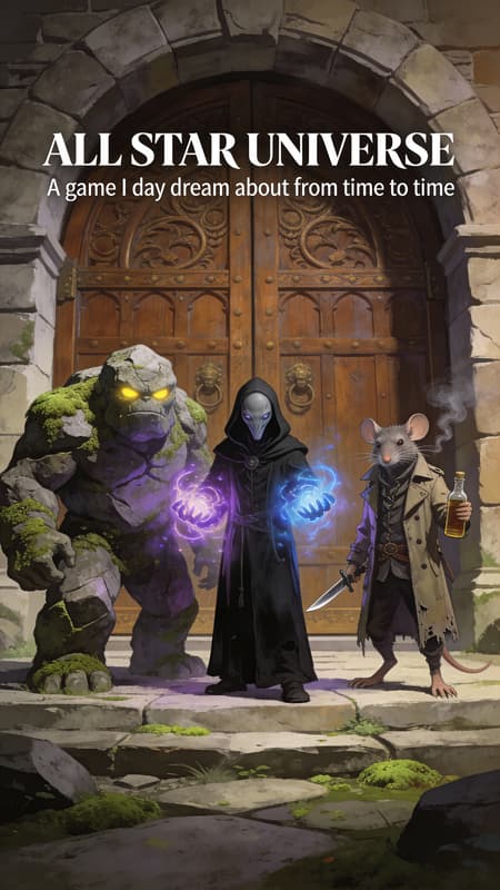 Fantasy Trio Guards Ornate Wooden Door A fantasy game cover art illustration, full shot, depicting three characters in front of a massive, ornate wooden door set in a stone archway. From left to right: a large, moss-covered rock golem with glowing yellow eyes, a grey alien in a black hooded robe with glowing purple and blue magical energy emanating from its hands, and a bipedal rat rogue wearing a tattered trench coat, holding a dagger and a smoking bottle. The art style is detailed digital painting, reminiscent of classic fantasy RPG art. The lighting is soft and even, highlighting the characters and the ancient door. The mood is adventurous and mysterious. Earthy tones of brown and grey for the stone and wood, with vibrant magical blues and purples, and touches of green moss. Text overlay at the top reads "ALL STAR UNIVERSE" and "A game I day dream about from time to time".