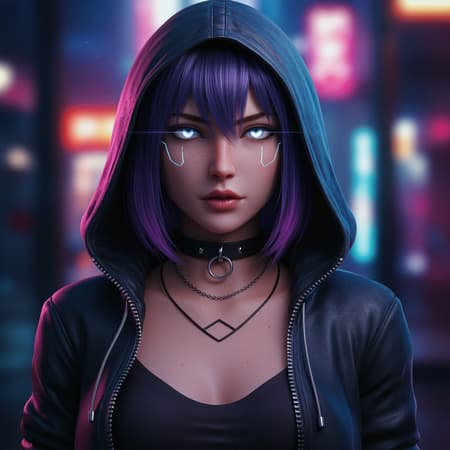 An enigmatic woman with a sleek hoodie and a delicate choker, portrayed as a photorealistic anime girl rendered in vivid 8k. Inspired by a cyberpunk atmosphere, she embodies the style of Guweiz with a rich, 3D character art feel. This is an 8k portrait render with the finesse of fanart at its finest, akin to top-tier ArtStation works. Her expression is intense and captivating, showcasing a blend of anime realism and intricate detailing. Her eyes are luminescent, hinting at a futuristic reality, while her pose suggests both strength and mystery. The scene is an urban backdrop, subtly illuminated by neon lights, providing a perfect contrast to her shadowy attire.