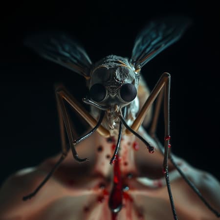 Realistic unsettling mosquito, illuminated by natural light, intricate skin details, eerie atmosphere, horror elements, blood-soaked body, lifeless black eyes, numerous scars, shadowy backdrop, exaggerated fangs, extreme close-up scene.