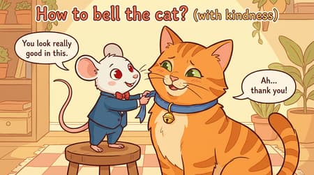Create an image of a cute mouse with white fur and red eyes. The mouse is standing on a stool and is putting a blue bell collar on an orange cat’s neck which is much bigger than it. The mouse is wearing a cute suit with a bow tie. It is smiling kindly to the orange cat and saying to the cat “You look really good in this.” The orange cat is also smiling at the mouse looking flattered and says “Ah… thank you!”. On the top of the image is written “How to bell the cat? (with kindness)”. The overall style of the image is a story book like warm tone with flat colors and line art style.