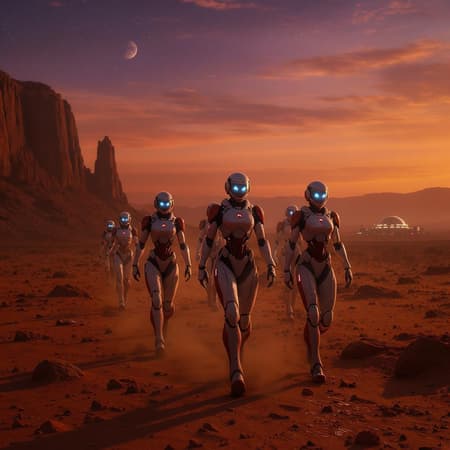 Robot Astronauts Red Artwork A team of female robot astronauts in sleek red and white spacesuits stride confidently across the rugged Martian desert, their figures backlit by the setting sun. The barren landscape stretches out beneath a sky tinged with deep orange and purple hues, creating an otherworldly yet realistic scene. Their metallic eyes emit a subtle glow, reflecting the soft light of Mars' twin moons on the horizon. Futuristic visors display digital readouts, adding a high-tech element to the mission. The composition conveys a cinematic depth, capturing the blend of relentless human drive and advanced technology, as they advance towards the distant silhouette of a domed settlement against the dramatic backdrop of towering red cliffs.