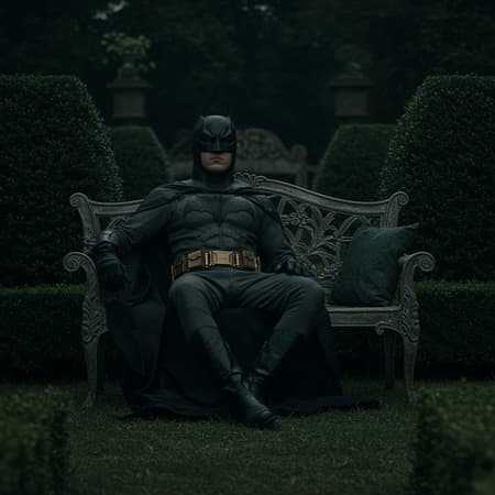 Countryside aristocrat batman captured by Sofia Coppola, gazing intently at the camera, lounging on an antique bench::Dramatic lighting, intricately detailed surroundings.