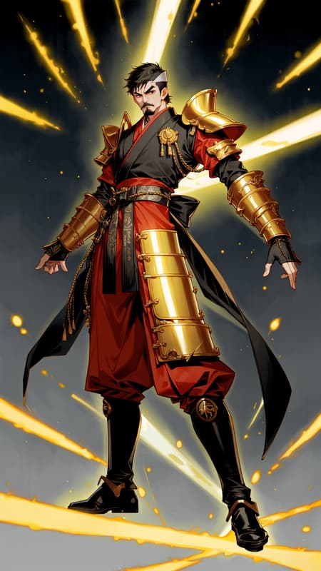 Sci-Fi, futuristic Techno Samurai with magnetic power. Masculine Asian male, Japanese. Short black hair, buzz cut. Strong brow and jaw, black and intense eyes. Goatee with Fu-Manchu mustache. Short but stocky, muscular, sinewy. Broad back, wide shoulders, broad chest, strong legs. Metallic gold Samurai Helm, pauldrons, upper body armor with a modern tech style, glowing glyphs on the chestplate. Long sleeved crimson spandex shirt underneath the armor, golden tech bracers on his arms, Samurai gloves on his hands. Black leather belt with heavy buckle and rivets around his waist. Crimson-red textured tights/pants, shiny black knee-high boots. He carries two golden Samurai swords that he controls with his magnetic powers. He can also create metal shrapnel from thin air to throw at his enemies. Full body pose, usually some metal objects floating around in his orbit. 